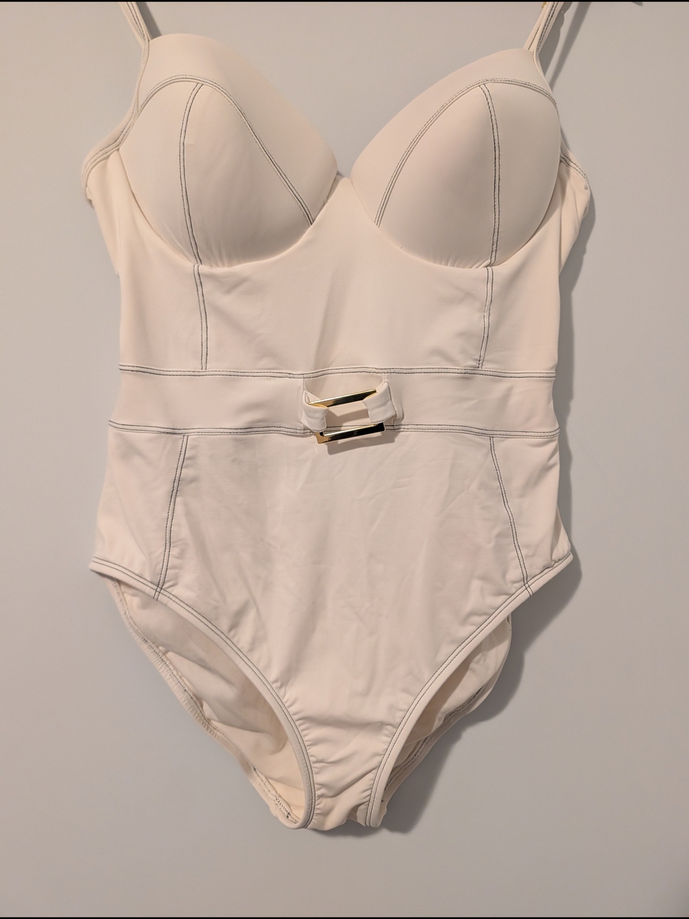 Cream One-Piece Swim Bodysuit with Gold Accent Buckle
